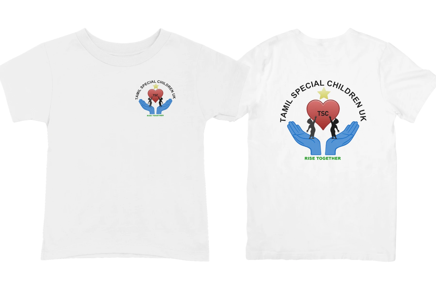 White TSC charity t-shirt, front and back